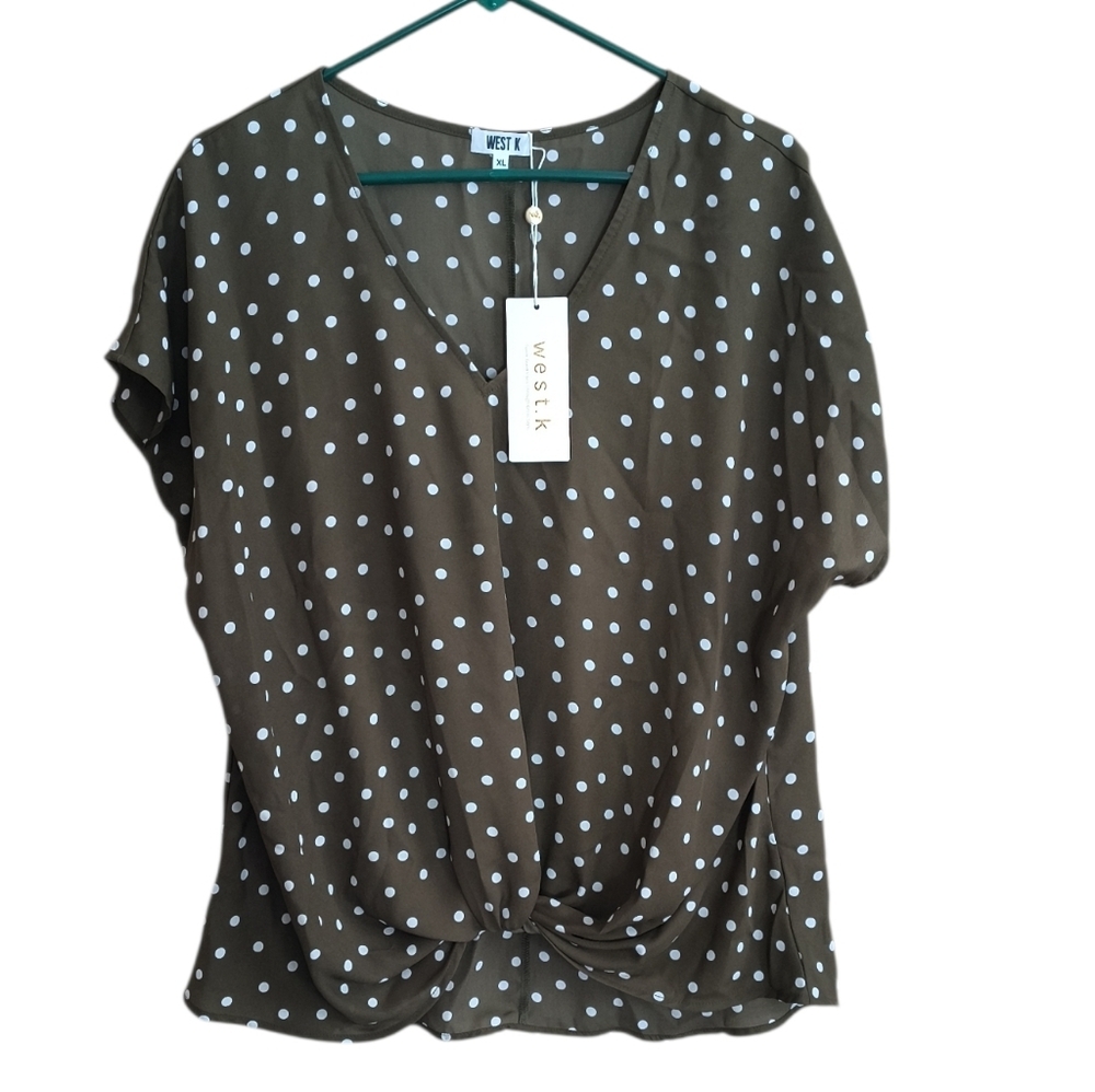 NWT West K Leah Short Sleeve Olive Polkadot Blouse Size XL